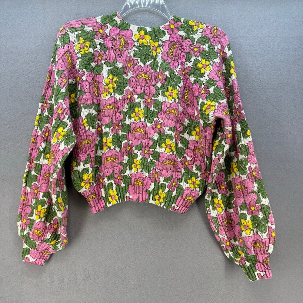 Show Me Your Mumu Women's Vienna Sweater S Pink Green Floral Cropped Length - Picture 2 of 9